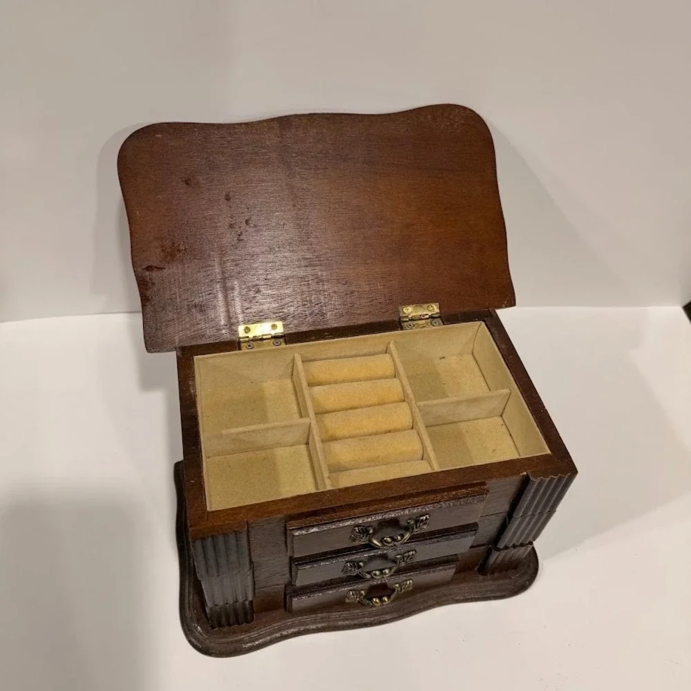 Vintage Wooden Jewelry Box 3 Drawer Chest Dark Brown Ornate Brass Hardware